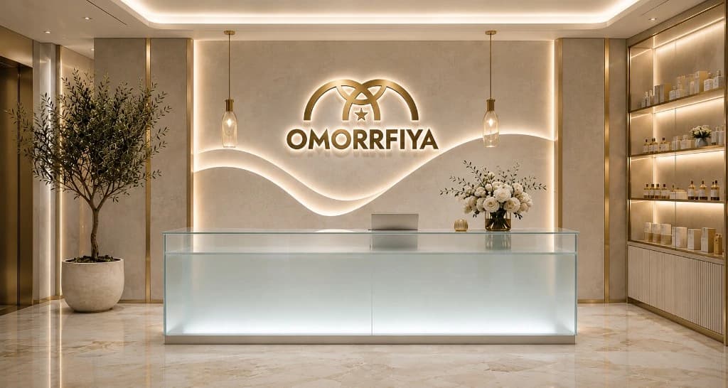 Omorrfiya clinic reception with gold-accented branding and marble interiors