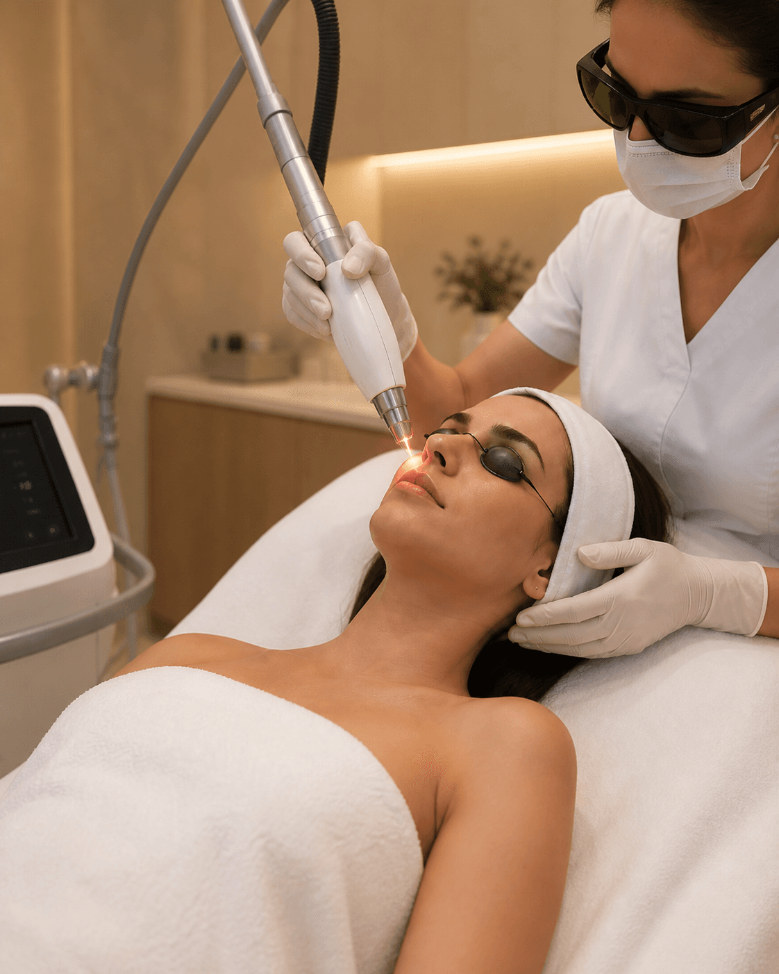 Red light facial treatment in a luxury wellness clinic